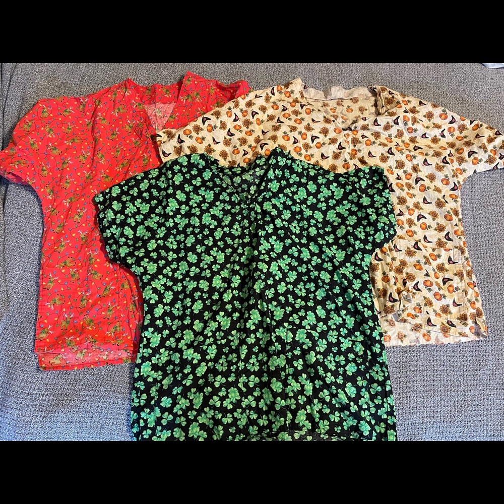 Holiday Scrub Tops (3)- Winter, St Patrick's Day, Fall, size Medium